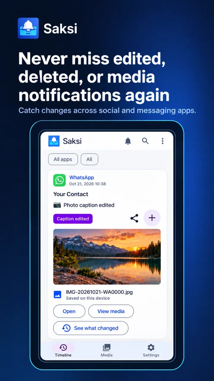 Illustration of the Saksi Timeline: a sample WhatsApp notification with a photo, labelled Caption edited, with buttons to open the photo and to see what changed.