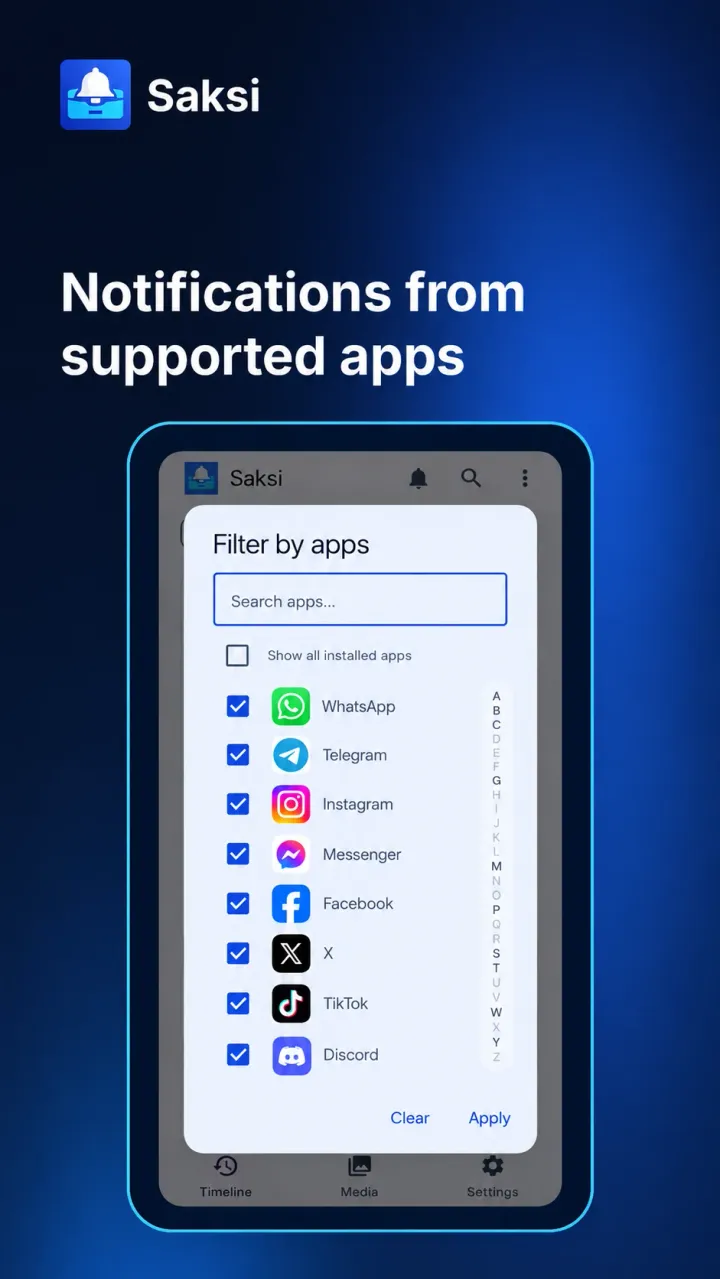 Illustration of the Saksi Filter by apps dialog, with a search box and a checked list of messaging and social apps.