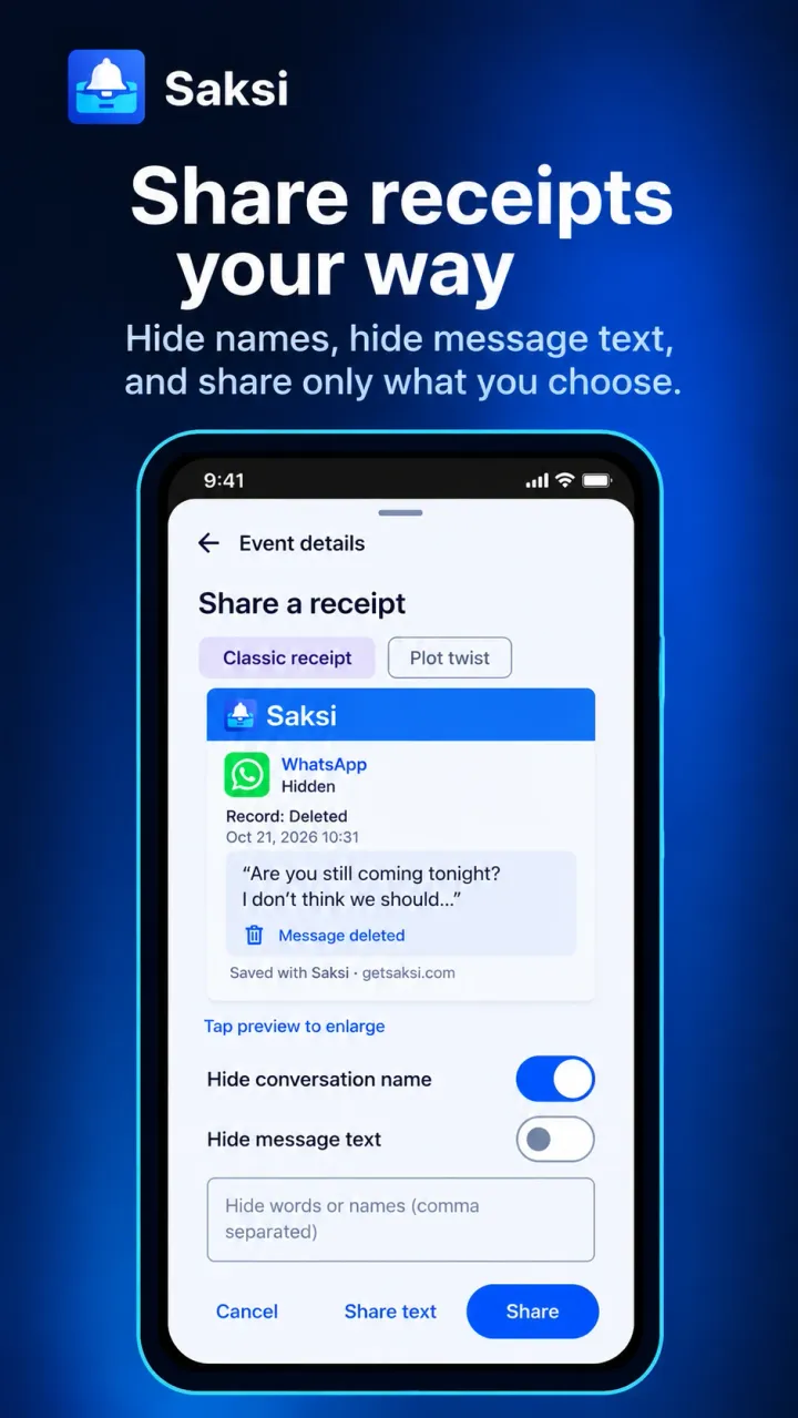 Illustration of the Share a receipt screen: a receipt preview of a sample message, switches to hide the conversation name and the message text, a field for words to hide, and Share buttons.