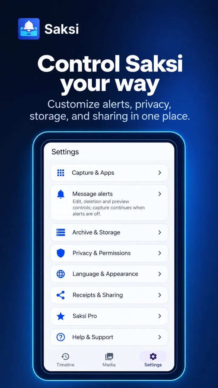 Illustration of the Saksi Settings list, including Capture and Apps, Message alerts, Archive and Storage, Privacy and Permissions, Language and Appearance, and Receipts and Sharing.